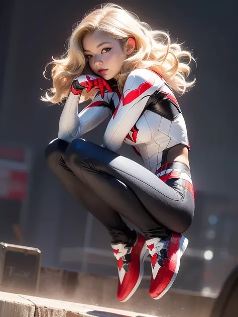 18yo Girl，White Spider-Man suit，short and wavy hair，blondehair，beautifulface，lluvia，teto，The Masterpiece，exquisite detailing，Perfect anatomy，best qulity，ultra-highresolution，4k, Full body Shot
