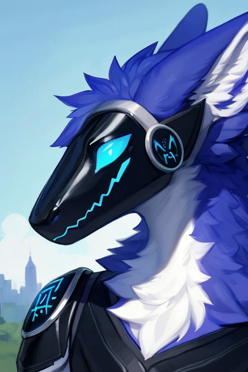 ,(( blue fur color with small amounts of white with dragon like features especially dragon wings but the picture is exactly perfect for a profile picture on social media)) for body protogen with a black chest plate black metal armor chestplate) ) ,  lookin...