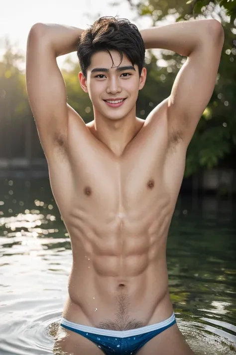 (1 young man), age 18, Opposite 3, (Masterpiece, Excellent quality, high resolution, 8ก, complex: 1.2), (detailed face: 1.2), (sexy bikini thong), (shirtless), ((topless)), pubes, lifted arms, Very handsome, Wavy abdominal muscles, Abs, Abdominal hair, Bea...