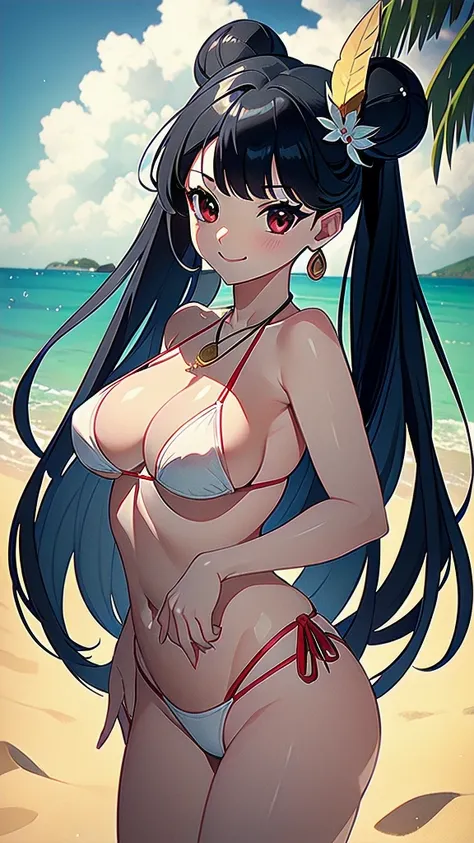 masterpiece, best quality, 1 solo girl, black hair, red eyes, long hair, medium breasts, sexy body and face, wavy hair, smile, white bikini, pendant, bracelet, jewelry, earrings, feather hair ornament, ball, lying at the sand, summer, sexy pose, cowboy sho...