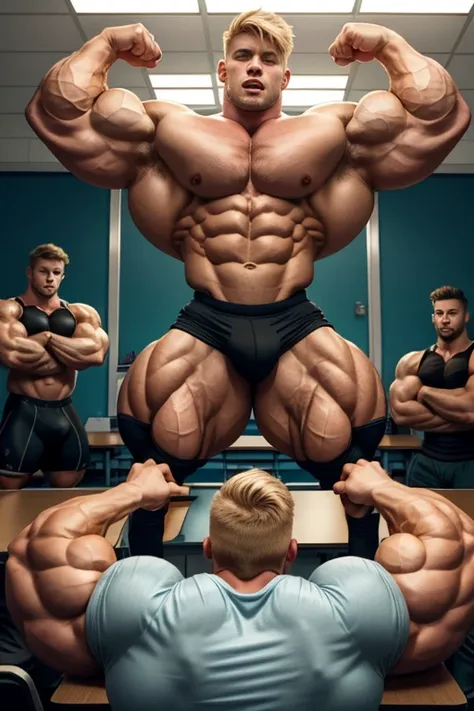 A group of muscular young male college students with bleached blonde hair standing in a classroom staring blankly with open mouth and slumped shoulders as their muscles grow bigger and begin to tear out of their tight shirts, becoming just another group of...