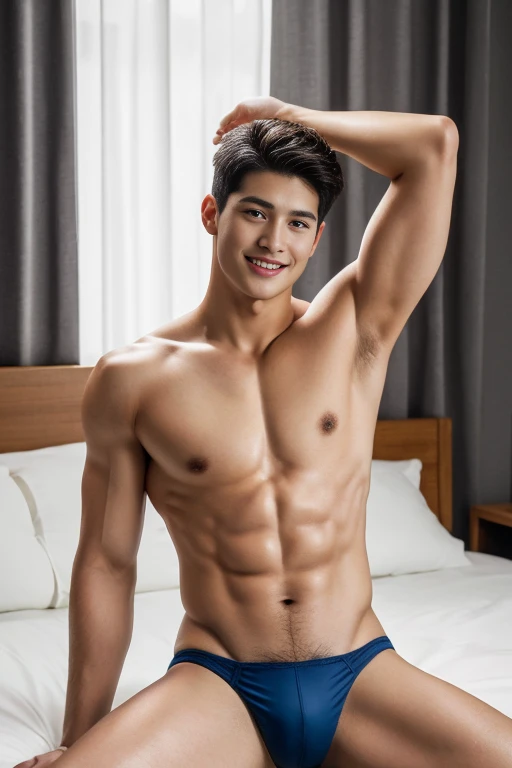 (1 young man), age 18, Opposite 3, (Masterpiece, Excellent quality, high resolution, 8ก, complex: 1.2), (detailed face: 1.2), (sexy bikini thong), (shirtless), ((topless)), pubes, lifted arms, Very handsome, Wavy abdominal muscles, Abs, Abdominal hair, Bea...