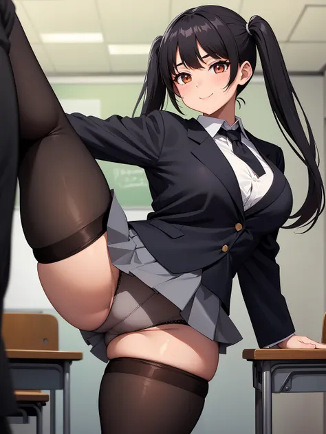 One girl, Five Fingers, mini skirt, Looking down at the viewer, Twin tails, highest quality, Focus on the thighs, Dynamic pose, smile, blazer, blouse, Black Pantyhose, panties under pantyhose, Standing Split, classroom, Black Hair, Stylish pose,Thick thigh...