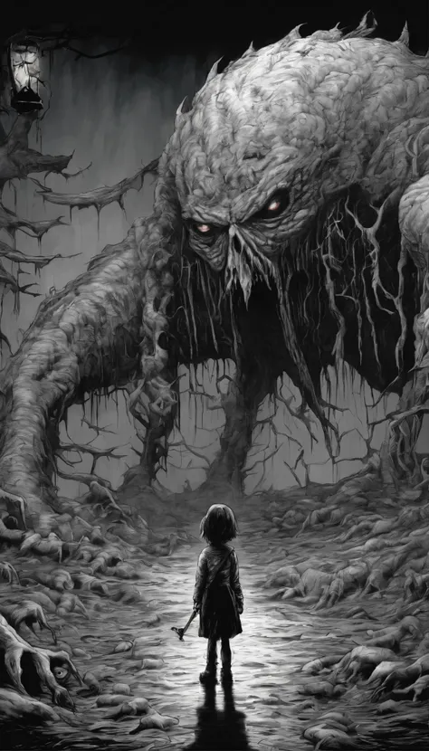 a cartoon picture of a girl standing in front of a giant monster, tim burton comic book art, from alice in wonderland, by Ryan Stegman, by Jason Teraoka, skottie young, giant alice in wonderland, by Jack Boul, alice goes down the rabbit hole, by Craig Thom...