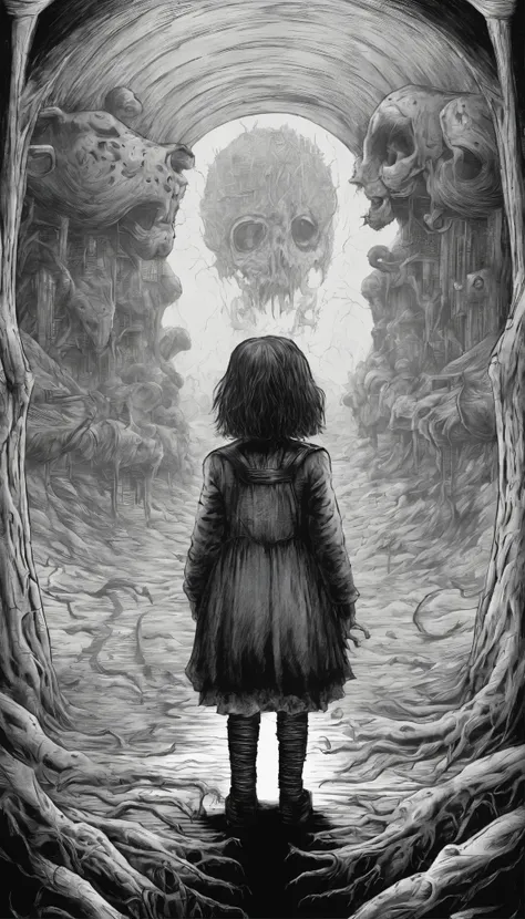 a cartoon picture of a girl standing in front of a giant monster, tim burton comic book art, from alice in wonderland, by Ryan Stegman, by Jason Teraoka, skottie young, giant alice in wonderland, by Jack Boul, alice goes down the rabbit hole, by Craig Thom...