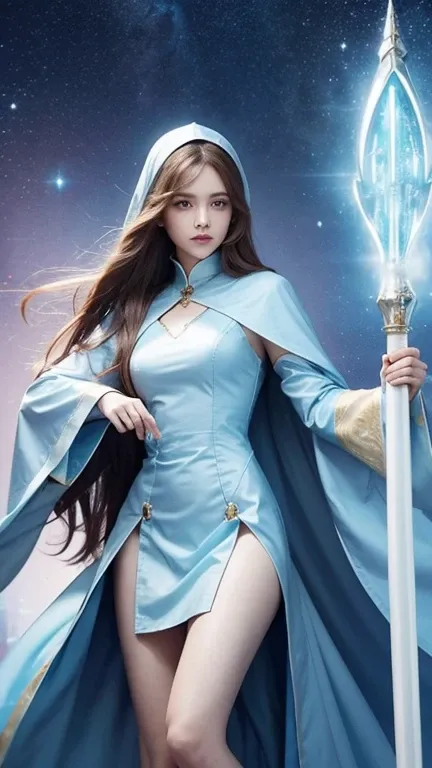 Female Pope，Light blue clothes，Have a magic wand，Hair color is brown、One leg is visible、Sister、Long Hair、whole body、Wizard