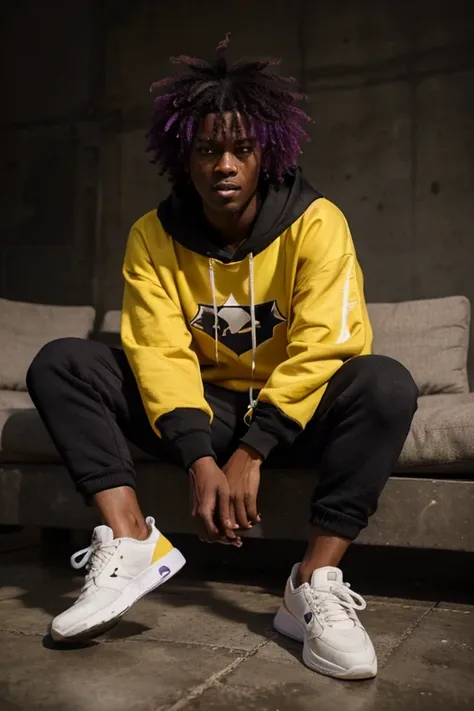 ((best quality)), ((masterpiece)), (detailed), perfect face,purple puffy hair,black skin,male,sharp teeth,yellow hoodie,black long pants,white sneakers