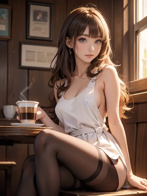 Photo Quality、Masterpiece、((Coffee shop、Detailed Background))(30 year old adult woman、Very cute face、Baby Face、round face、Big Eyes、Double、Natural Makeup、Golden ratio proportions)(Blushing、Embarrassed face)(Moist eyes)(long hair、Brown Hair)(Transparent whit...