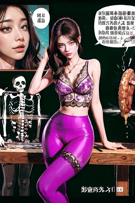 The beautiful girl in lace top and leggings is sitting astride a pile of skeletons in the center of the picture. She is holding a trembling sausage with juice squeezed out in her hand and smiling. There are multiple comic storyboards in the background，cbt,...