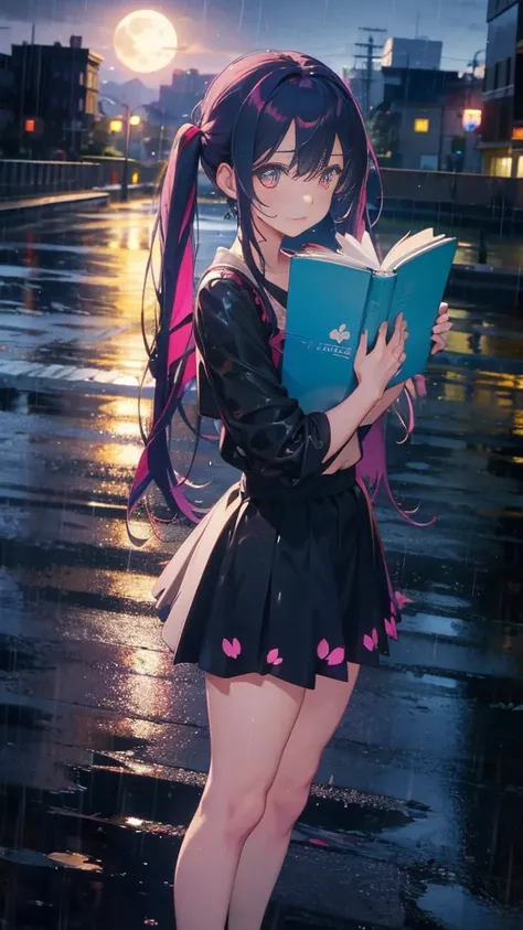 1 anime girl, alone,Black petals flutter, A mysteriously shining butterfly.city,bright pink hair,red gem eyes,long twin tails,thin legs,very clear,Best quality After the Rain,city,Miku,beautiful morning,Asahi,close up face,whole body,Sad expression,holding...