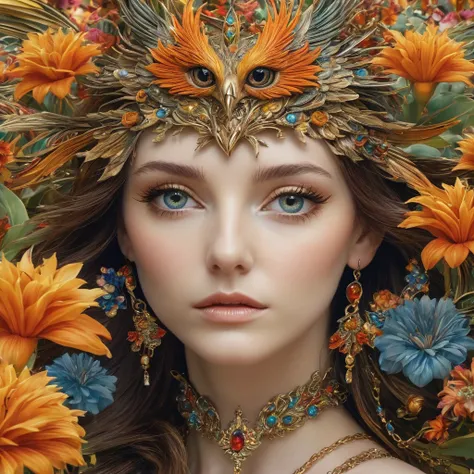 Head close-up，Phoenix，Eyes are very delicate，necklace，（（（a garden with many flowers））， （（Intricate details））， （（Surrealism））（8K）