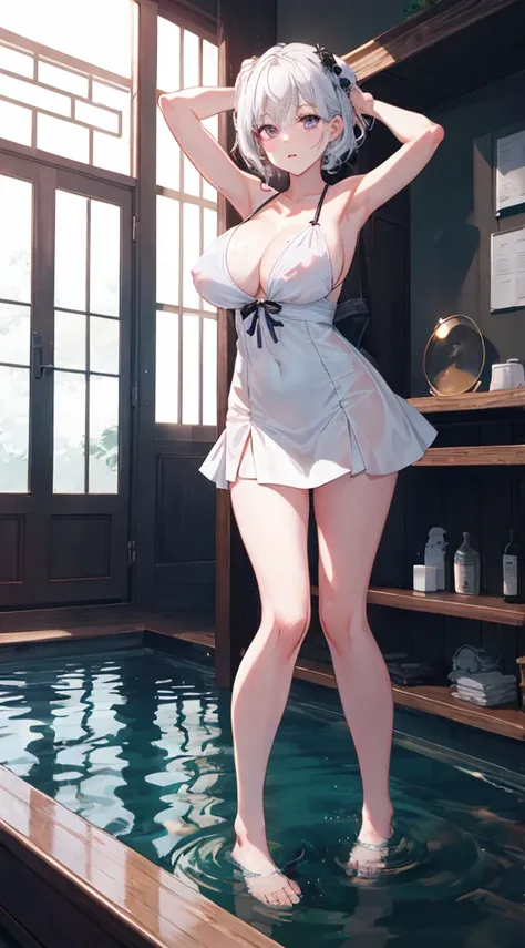 high resolution: 1.7, ridiculous, charming: 1, charming: 1.5, Employed.Fix: 1. 5, anime visuals: 1, Incredibly beautiful illustrations, Crystal clear white skin, Asian girl, Sensual, whole body, white hair, Short curly hair, Purple Eyes, Hot Spring Hotel, ...