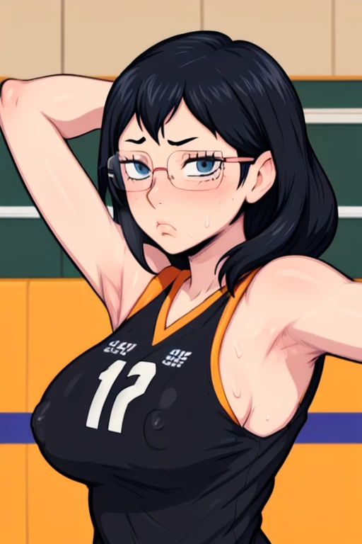 masterpiece, best quality, shimizu kiyoko looking at viewer, black hair, blue eyes color, very large breasts, upper body, portrait, looking at viewer, tired expression, armpits, armpits visible, sweaty armpits, wearing black orange volleyball uniform, wear...