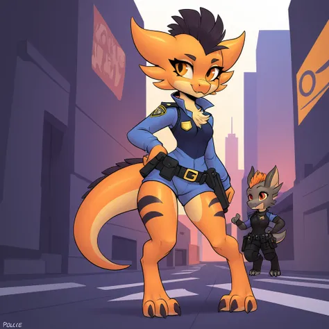 A Kobold monster girl with orange fur with black stripes small dog-like ears tan furry mohawk and chest fluff and tail dressed in police uniform in a city
