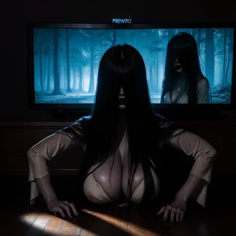 (obra maestra:1.1, mejor calidad:1.1, 16k hdr, high resolution), (1 chica en, Solo), Retrato ultrarrealista de Sadako Yamamura, el anillo, (((pelo negro, pelo largo, golpes, flequillo largo encima de los ojos,,))), medio , medio , medio cleavage, medio bre...