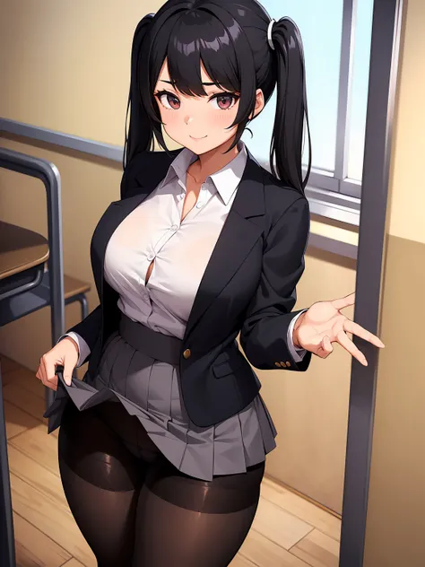 One girl, Five Fingers, mini skirt, Looking down at the viewer, Twin tails, highest quality, Focus on the thighs, Dynamic pose, smile, blazer, blouse, Black Pantyhose, panties under pantyhose, Standing Split, classroom, Black Hair, Stylish pose,Thick thigh...