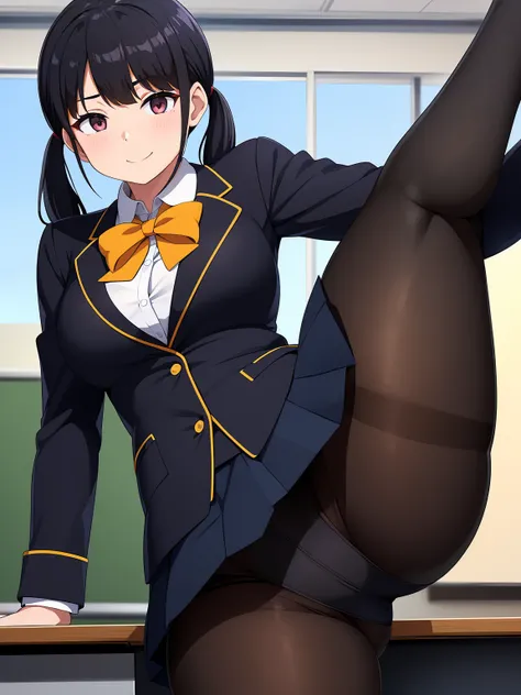 One girl, Five Fingers, mini skirt, Looking down at the viewer, Twin tails, highest quality, Focus on the thighs, Dynamic pose, smile, blazer, blouse, Black Pantyhose, panties under pantyhose, Standing Split, classroom, Black Hair, Stylish pose,Thick thigh...