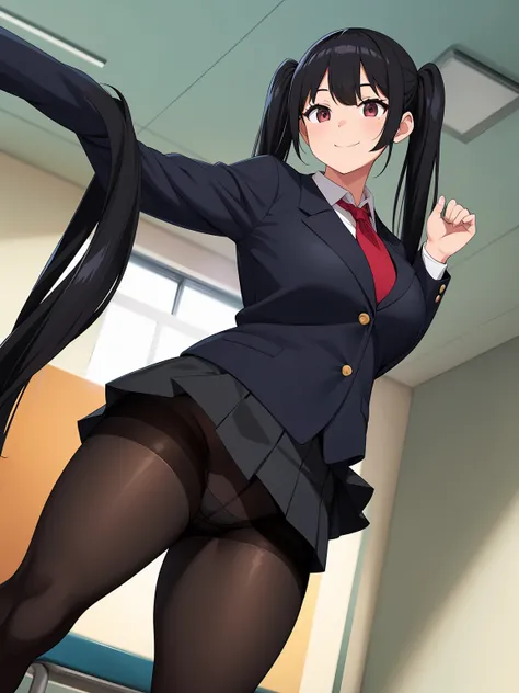 One girl, Five Fingers, mini skirt, Looking down at the viewer, Twin tails, highest quality, Focus on the thighs, Dynamic pose, smile, blazer, blouse, Black Pantyhose, panties under pantyhose, Standing Split, classroom, Black Hair, Stylish pose,Thick thigh...