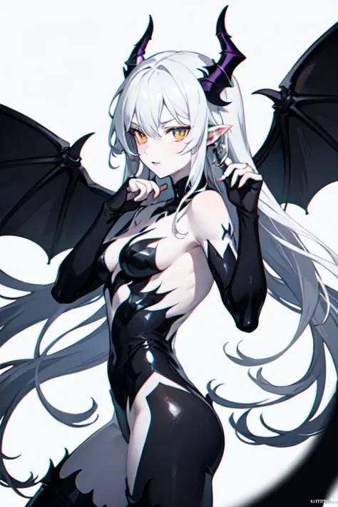 anime demon man with half black and half white hair, mixed blue and orange eyes, horns on his head, bat wings on his back, black and green scales, and pale purple skin