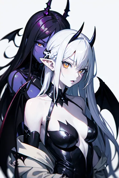 anime demon man with half black and half white hair, mixed blue and orange eyes, horns on his head, bat wings on his back, black and green scales, and pale purple skin