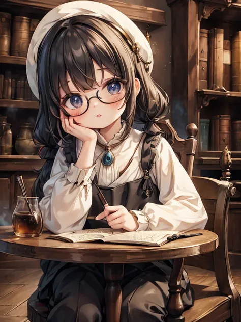 masterpiece, highest quality, Very detailed, 16k, Ultra-high resolution, Cowboy Shot, Detailed face, Perfect Fingers, 10 year old female,  black eye, Black Hair, Shortcuts, Glasses, Luxurious Western-style building, renaissance_alchemist_studio, library, B...