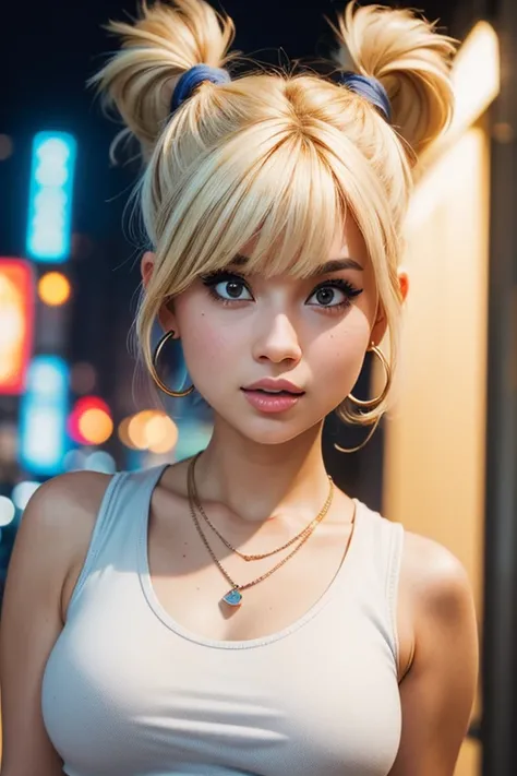 (best quality,4k,highres,ultra-detailed,realistic:1.2), a young girl, very big  breasts,short blond  hair with a pigtail and bangs,  flat abs, fitted white tank top, earrings , necklace out in the street at night, neon lights and advertising, close-up port...