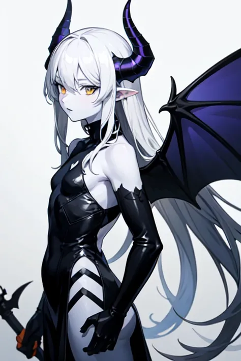 anime demon man with half black and half white hair, mixed blue and orange eyes, horns on his head, bat wings on his back, black and green scales, and pale purple skin