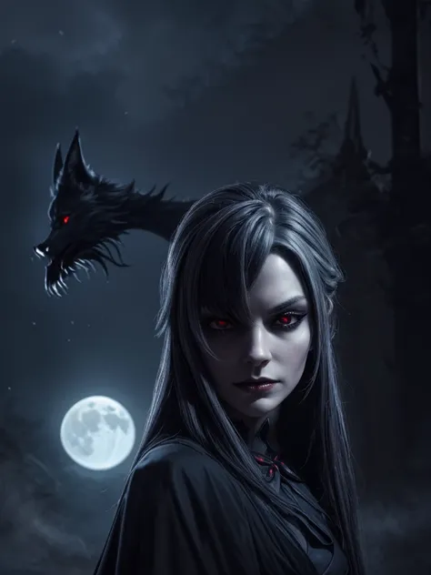 (highres:1.2),(realistic:1.37),devil girl,pet wolf,dark fantasy,enchanted forest,magic powers,glowing eyes,demonic features,black cloak,ominous atmosphere,moonlit night,sharp fangs,pale skin,ominous shadows,detailed facial expressions,dark tendrils,nightma...