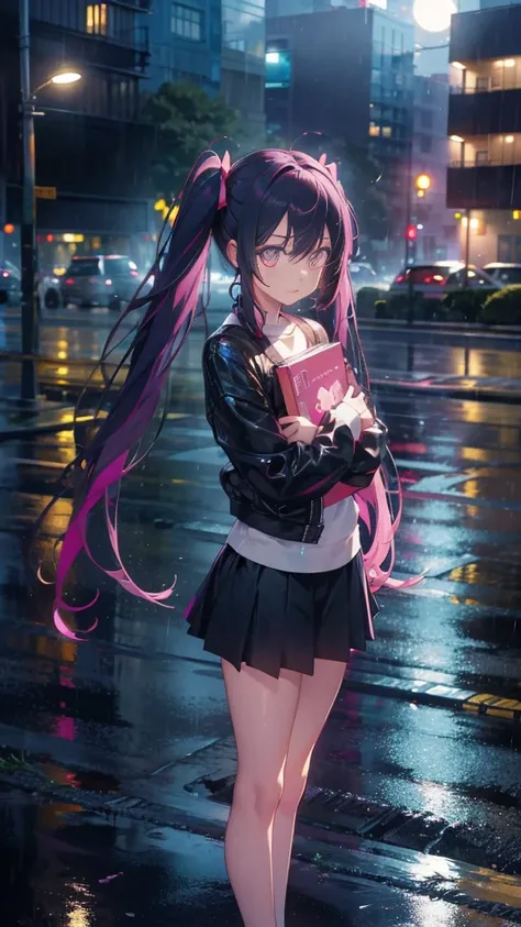 1 anime girl, alone,Black petals flutter, A mysteriously shining butterfly.city,bright pink hair,red gem eyes,long twin tails,thin legs,very clear,Best quality After the Rain,city,Miku,beautiful morning,Asahi,whole body,Sad expression,Shining Full Moon,rai...