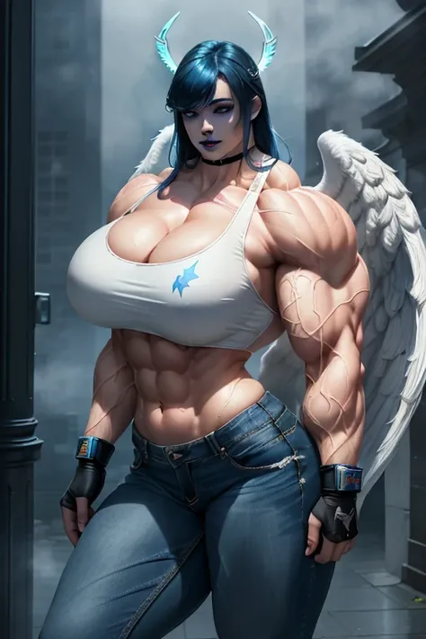 (((((Massive, tall, beautiful, pale white skinned, buff, muscular woman with royal blue hair, black lipstick, ginormous bulky muscles, huge angel wings and wearing a white sports bra with denim jeans))))), (close view), (massive muscles), massive biceps, h...