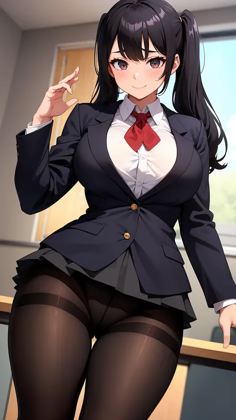 One girl, Five Fingers, mini skirt, Looking down at the viewer, Twin tails, highest quality, Focus on the thighs, Dynamic pose, smile, blazer, blouse, Black Pantyhose, panties under pantyhose, Standing Split, classroom, Black Hair, Stylish pose,Thick thigh...