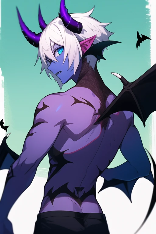 demon man with half black and half white hair, blue eyes, horns on his head, bat wings on his back, green scales, and pale purple skin