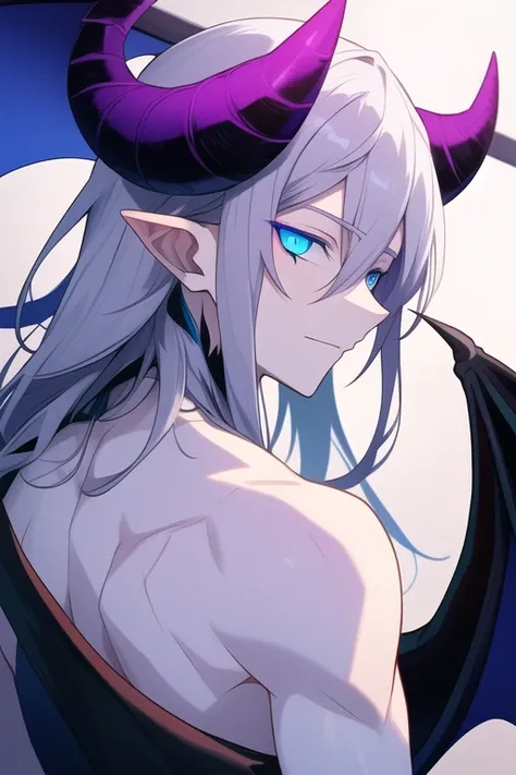 demon man with half black and half white hair, blue eyes, horns on his head, bat wings on his back, green scales, and pale purple skin