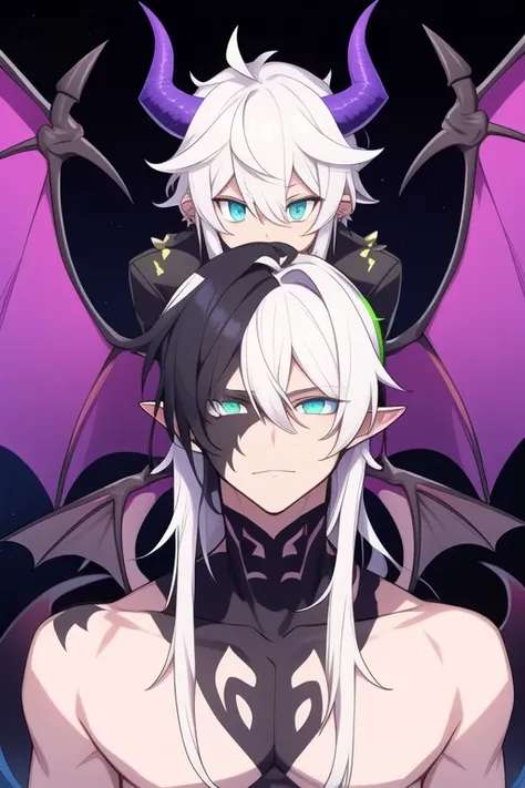 demon man with half black and half white hair, blue eyes, horns on his head, bat wings on his back, green scales, and pale purple skin