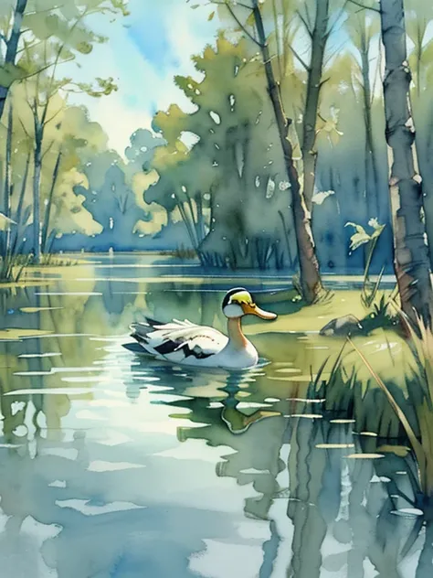 Swamp, surrounded by reeds, ducks swim, 
you can see the forest ahead,
Watercolor, 
sketch, 
ink drawing, ultra-detailed, 3d