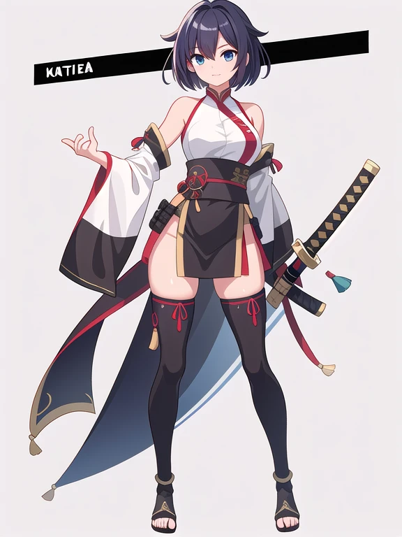 (((Best Quality))) , ((full body)), female, character sheet, solo, (white background), bare shoulders, sleeve, thigh high, katana,