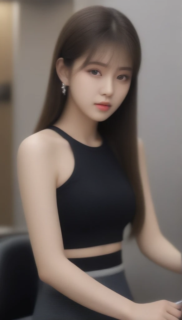 close-up of beautiful Korean female, long hair, straight hair, flat bangs hair, 38 inches breasts size, wearing punk tube top, short pants legging, holding scissors, at the barbershop male place, UHD