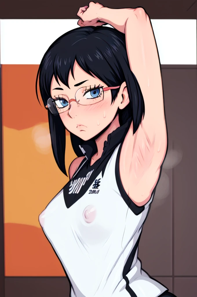 masterpiece, best quality, shimizu kiyoko looking at viewer, black hair, blue eyes color, small breasts, upper body, portrait, looking at viewer, tired expression, armpits, armpits visible, sweaty armpits, wearing black orange volleyball uniform, wearing g...