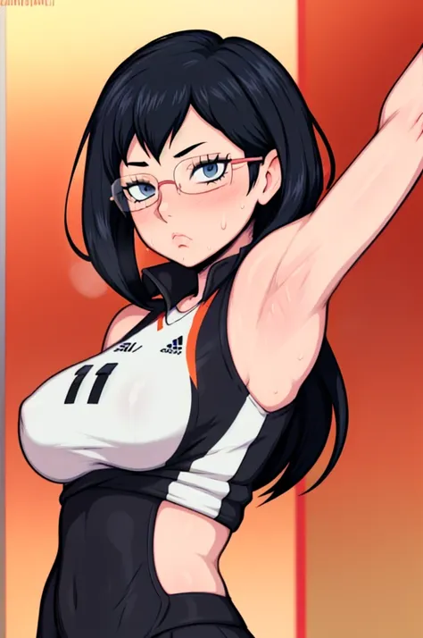 masterpiece, best quality, shimizu kiyoko looking at viewer, black hair, blue eyes color, very large breasts, upper body, portrait, looking at viewer, flat expression, armpits, armpits visible, sweaty armpits, wearing black orange volleyball uniform, weari...