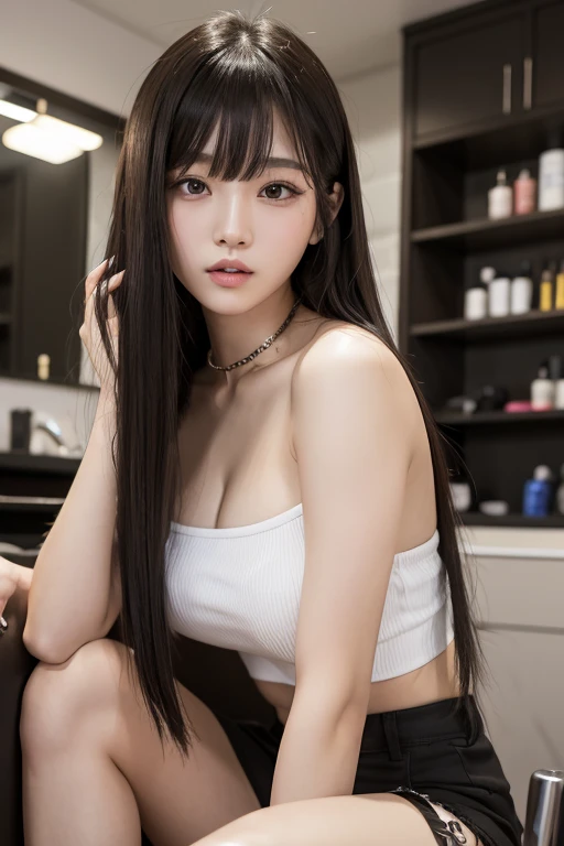 close-up of beautiful Korean female, long hair, straight hair, flat bangs hair, 38 inches breasts size, wearing punk tube top, short pants legging, holding razors, at the barbershop male place, UHD