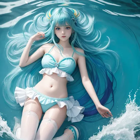 1girl, afloat, aqua hair, bangs, blue hair, hair ornament, long hair, looking at viewer, multicolored hair, navel, partially submerged, shoes, short hair, solo, very long hair, water, white legwear