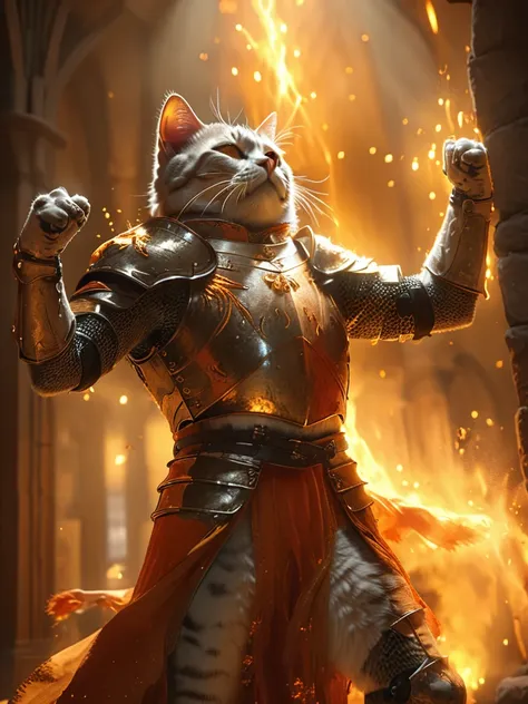 a (full body:1.2) cinematic shot of (an anthro cat:1.1), as orange soul knight, (arms up flexing victory pose:1.2), (soul leavin...