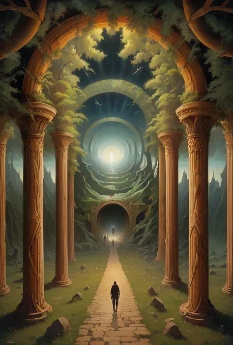 A picture of a person, walking along the path between two columns, Symmetrical fantasy landscape, сюрреалистическая картина oilм, surreal canvas, oil, inspired by Tomasz Alen Kopera, The illusion of surrealist art, surreal painting, based on Vladimir Kush,...