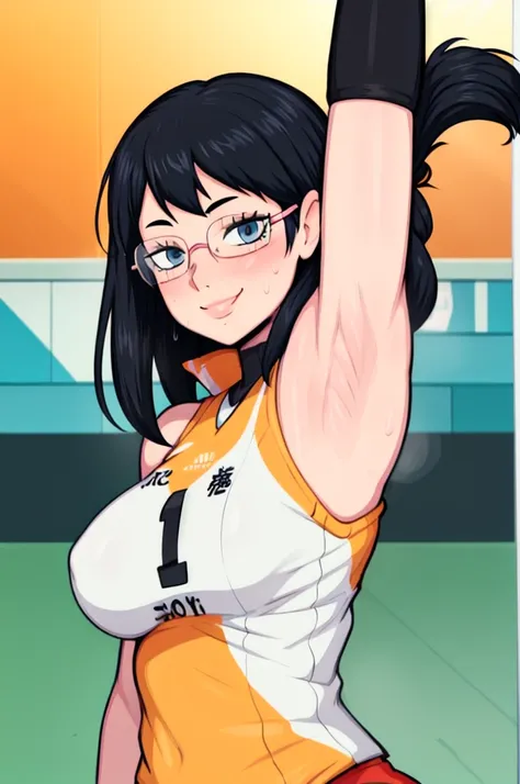 masterpiece, best quality, shimizu kiyoko looking at viewer, black hair, blue eyes color, very large breasts, upper body, portrait, looking at viewer, seductive smile, armpits, armpits visible, sweaty armpits, wearing black orange volleyball uniform, weari...