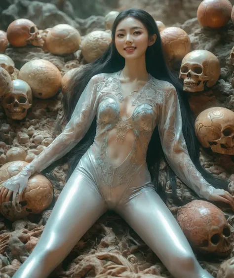 (masterpiece, best quality:1.2), 1girl,chinese beauty，ancient， solo，yaoye，anatomical correct:2，fullbody，lying on，sit astride，iridescent ，long hair,smile,barefoot,lace bodysuit, shiny leggings，anatomically correct，((Best quality)), ((Masterpiece)), ((Realis...