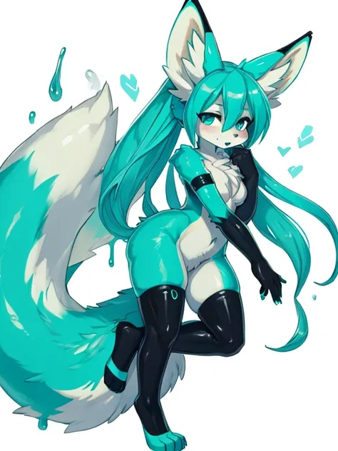 Miku Hatsune, alta definicion, orejas de kitsune, spilled for slimy black, fullbody picture