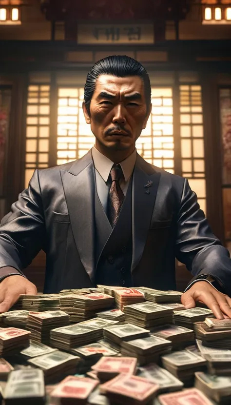 a yakuza member counting stacks of yen, representing their economic influence, detailed face, detailed face expressions, natural...