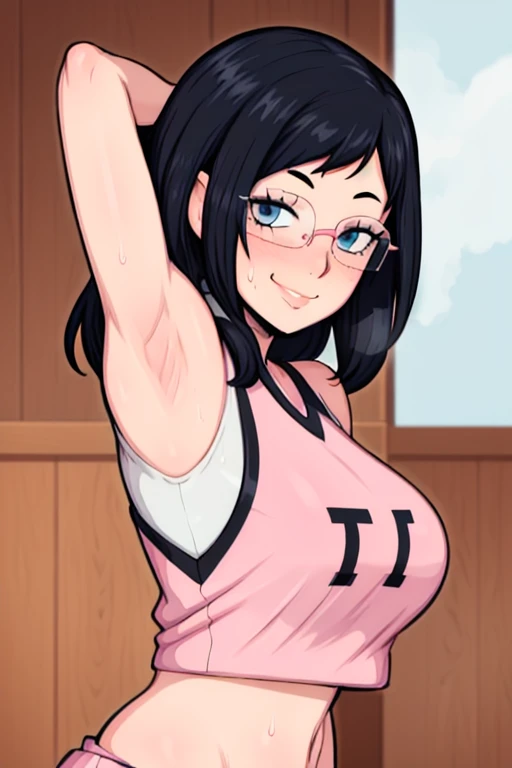 masterpiece, best quality, shimizu kiyoko, looking at viewer, black hair, blue eyes color, very large breasts, upper body, portrait, looking at viewer, seductive smile, armpits, armpits visible, sweaty armpits, wearing pink cheerleader uniform, wearing gla...