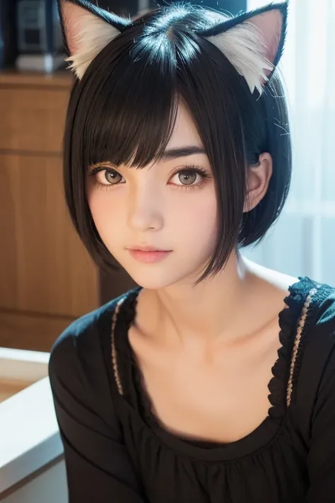 childhood friend,Short Hair,Black Hair,Thick eyebrows,Single,{masterpiece},{high quality},{Super detailed},{Perfect Face},Cat ear,Cat Pose,High ,Bakemonogatari style