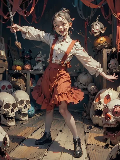 (Disney character style)、Gruesome and spooky details、An atmosphere full of suspense and tension、Psychological horror、Cute Smile、Mysterious and unsettling atmosphere、A terrifying moment、Nightmare scenario、The twisted madness of a murderer、Smiling clown、brig...